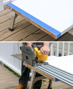 a man using a circular saw to cut wood planks on a bench and another person working with a table saw