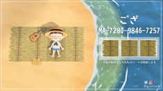 a cartoon character standing in front of a bamboo mat on the beach next to water