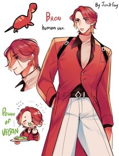 an anime character with red hair, wearing white pants and a red shirt is standing in front of a bird