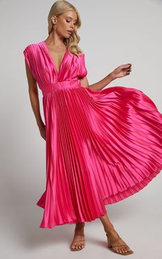 Della Maxi Dress - Plunge Neck Short Sleeve Pleated Dress in Hot Pink | Showpo USA Hot Pink Maxi Dress, Usa Dress, Hot Pink Dresses, Short Sleeve Maxi Dresses, Usa Dresses, Maxi Dress Formal, Pleated Maxi, Plunging Neckline, In Hot