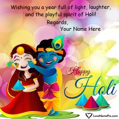 happy holi day greeting card with lord and goddess on colorful boket background