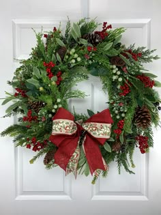 a christmas wreath on the front door