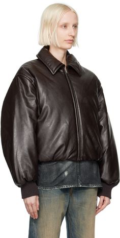 Padded grained faux-leather bomber jacket. · Spread collar · Zip closure · Seam pockets · Elasticized hem · Dropped shoulders · Rib knit cuffs · Rubberized logo patch at back · Welt pocket at interior · Full satin lining Supplier color: Dark brown Leather Outerwear With Ribbed Collar For Streetwear, Luxury Outerwear With Ribbed Collar For Fall, Leather Outerwear With Ribbed Collar For Fall, Fall Leather Jacket With Ribbed Collar, Acne Studios Jacket, Faux Leather Jacket Women, Brown Faux Leather Jacket, Brown Coat, Leather Jackets Women