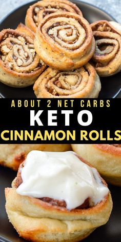 there are two different types of keto cinnamon rolls on this black plate with the words about 2 net carbs