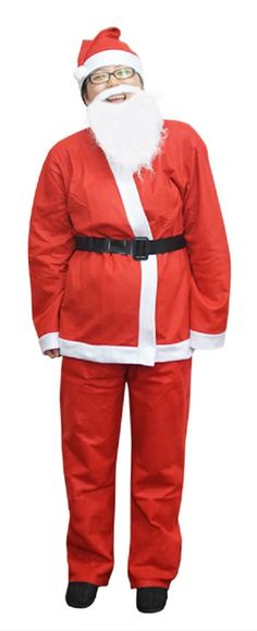 a man dressed as santa claus standing in front of a white background