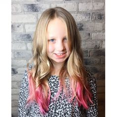 Kids Hair Color Ideas Girls Fun, Kids Pink Hair, Blonde With Hot Pink Peekaboo, Blonde With Light Pink Peekaboo, Pink Tips Hair, Light Pink Ends On Blonde Hair, Gwen Hair, Pink And Purple Streaks In Blonde Hair, Hair Dye For Kids