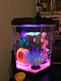 a fish tank filled with plants and other items on top of a table next to a yellow bowl