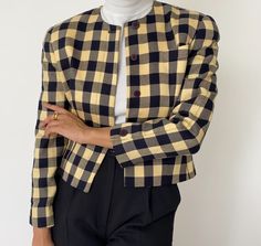 "Vintage yellow and navy blue gingham jacket. Fully lined. Made in the USA. In great condition, minimal wear. Measurements: Size: 2P Shoulder to shoulder: 15\" Bust: 16.5\" Length: 20.5\" Sleeve: 21\" Material: 100% Wool Vintage and pre-loved items are one of a kind and may have minor imperfections. The color of the item may slightly vary due to lighting. The model in the photos wears a size XS/S and is 5'3\". We cannot be certain that an item will fit you. Please refer to the measurements. All 90s Ralph Lauren, Gingham Jacket, Ralph Lauren Blazer, Grey Turtleneck, White Houndstooth, Blue Gingham, Womens Blazers, Knit Shorts, High Waisted Trousers