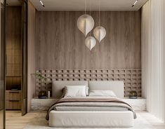 a large bed sitting in a bedroom next to a tall wooden headboard with three lamps hanging from it