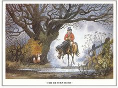 a painting of a man on a horse next to a dog and tree in the woods