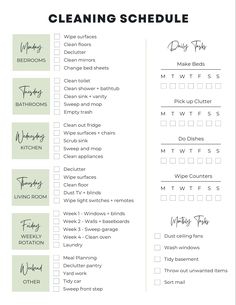 the cleaning schedule is shown in this printable checklist for homeowners and their families