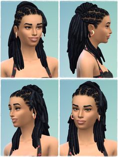 four different views of a woman's face with braids on her hair and earrings