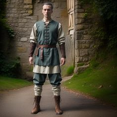 a man dressed in medieval clothing standing on a path