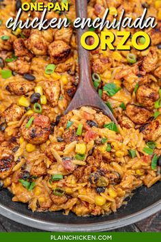 one pan chicken enchilada orzo in a skillet