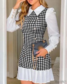 Lasaky - Houndstooth dress with puff sleeves and ruffled hem Style Casual Chic, Office Dresses For Women, Womens Fall Dress, Houndstooth Dress, Shein Dress, Black And White Dress, Ruffle Hem Dress, Trend Fashion, Long Sleeve Shirt Dress