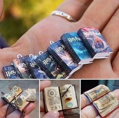 several pictures of harry potter book jewelry