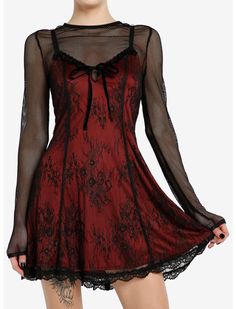 Red Goth Outfits, Twofer Dress, Vampire Dress, Vampire Clothes, Velvet Slip Dress, Red Slip Dress, Goth Dress, Romantic Lace, Gothic Dress