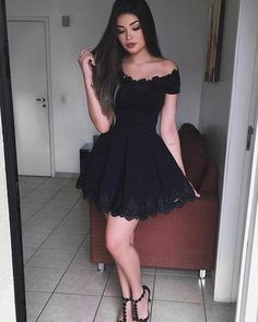 off the shoulder black dress with lace hems, little black dress for night party Dress Short Prom, Prom Dress For Teens, Black Lace Prom Dress, Homecoming Dress Short, Formal Dresses Graduation, Short Homecoming Dresses, Graduation Dresses, Prom Dresses For Teens, Short Homecoming Dress