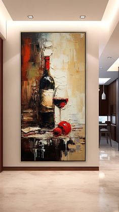 a painting on the wall with a wine bottle and two cherries next to it