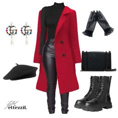 Red Coat, GG Earrings, Black Outfit, Black Boots, Mesh Gloves Gg Earrings, Red Fitted Long Coat, Black Ankle-high Boots With Red Sole, Elegant Red Fur Coat For Winter, Red And Black Fur Coat, Winter Red Fur Coat With Faux Fur Trim, Mesh Gloves, Outfit Black, Classy Fashion