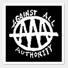 the logo for against all authority, which is white and black on a black background