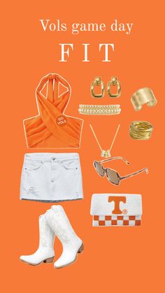 an orange poster with clothes and accessories on it that says volls game day fit