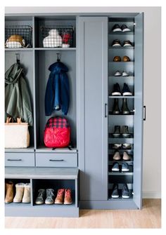 an organized closet with shoes and handbags