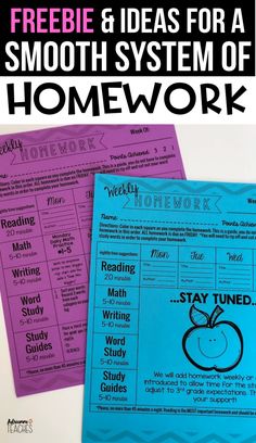 two notebooks with the title freebie and ideas for a smooth system of homework