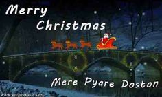 merry christmas card with santa riding on a sleigh over a bridge in the snow