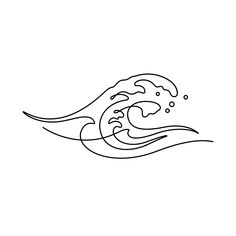 a black and white line drawing of an ocean wave with bubbles in the water on a white background