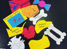 a bunch of different types of paper cutouts on a blackboard with some writing