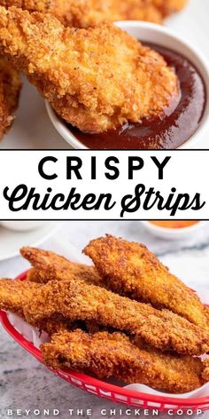 crispy chicken strips in a red bowl with ketchup and sauce on the side