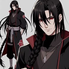 an anime character with long black hair and red eyes, standing next to another character