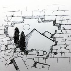 a drawing of a hole in the wall with trees