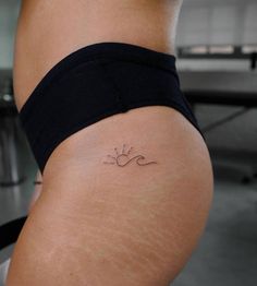 Fine line style sun and wave tattoo done on the hip. Fine Line Woman Tattoo, Sun And Wave Tattoo, Lifeline Tattoos, Tattoo Leo, Side Hip Tattoos, International Tattoo, Cowgirl Tattoos, Tattoos Infinity, Sister Tattoo