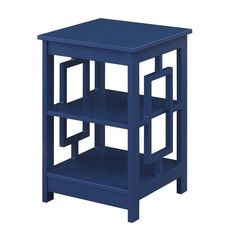 a blue side table with two shelves