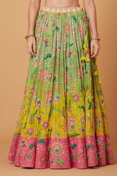 Green and yellow attached cancan ombre lehenga with all over vintage floral print and embroidery using multi thread, tonal sequins, crystals, cut dana, beads highlights. Paired with a wide semi round neck padded blouse with bloom gardenia embroidery and flora sequin embellished scallop border silk organza pink dupatta. - Aza Fashions Yellow Lehenga For Spring, Spring Yellow Lehenga, Yellow Lehenga For Spring Wedding, Spring Wedding Yellow Lehenga, Traditional Green Lehenga For Spring, Summer Green Lehenga With Pallu, Summer Lehenga With Green Pallu, Green Lehenga With Pallu For Summer, Traditional Yellow Lehenga For Spring