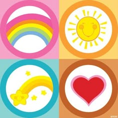 four different colored circles with hearts, sun and rainbows on one circle in the middle