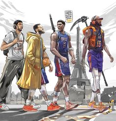 three basketball players standing in front of the eiffel tower