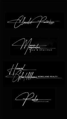 four different types of handwriting are shown in white ink on black paper, with the names and