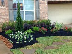 a front yard with flowers and plants in it