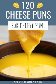 cheese is being drizzled into a bowl with the words 120 cheese puns for