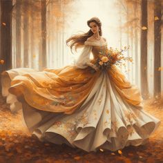 a painting of a woman in a long dress holding a bouquet of flowers and walking through an autumn forest