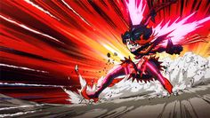 an anime character with red and black hair is in the air, surrounded by flames