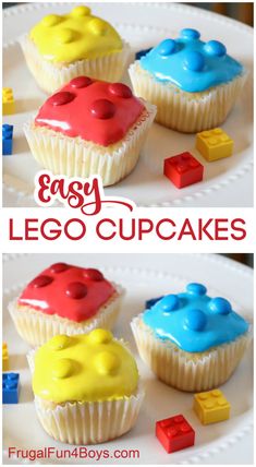 lego cupcakes on a white plate with the words easy lego cupcakes