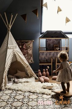 Boho design kids' tipi tent is handmade from natural cotton canvas and wooden poles. Children love to have a little cave where they can hide and play, read books, or just relax. A perfect blend of style and imagination for endless fun and enchantment. Beautiful kids' room decor. Tipi has a beautiful front door that is decorated with a tassel decor. Two beige pompoms - teepee accessories at the top are included! For the finished teepee, remember to add a matching teepee mat or big teepee pillow! Kids Tipi, Childrens Teepee, Boho Kids Room, Kids Teepee, Kids Teepee Tent, Tipi Tent, Boys Playroom, Children Room Boy, Play Tents