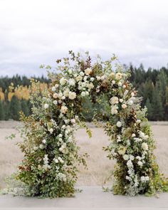 an arch made out of flowers and greenery in the middle of a grassy field