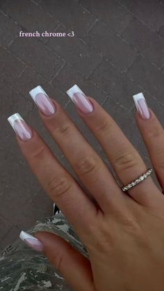 French Tip Nails With Pearl Chrome, Coffin French Tip With Chrome, Vanilla Chrome Heart Tips, French Nails Chrome Square, French Tips Chrome Nails, French Tip Chrome Acrylic Nails, Good Chrome French Tip, Coffin French Tip Nails Chrome, White Crome Nails Square French Tip