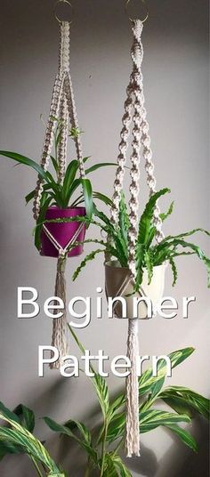 three hanging planters with plants in them and the words beginner pattern below it