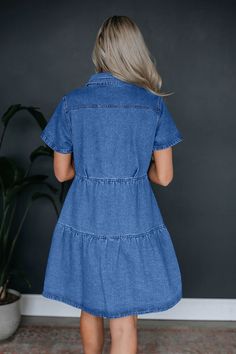 Women's Denim Dress Lapel Single Breasted Ruffle Dress Denim Blue Short Sleeve Dresses With Pockets, Non-stretch Mini Dress With Ruffles And Short Sleeves, Fitted Denim Dress With Ruffle Hem, Fitted Medium Wash Denim Dress With Ruffles, Medium Wash Denim Mini Dress With Ruffles, Denim Blue Mini Dress With Ruffles, Medium Wash Denim Dress With Ruffle Hem, Spring Denim Blue Dress With Ruffle Hem, Denim Blue Ruffled Mini Dress